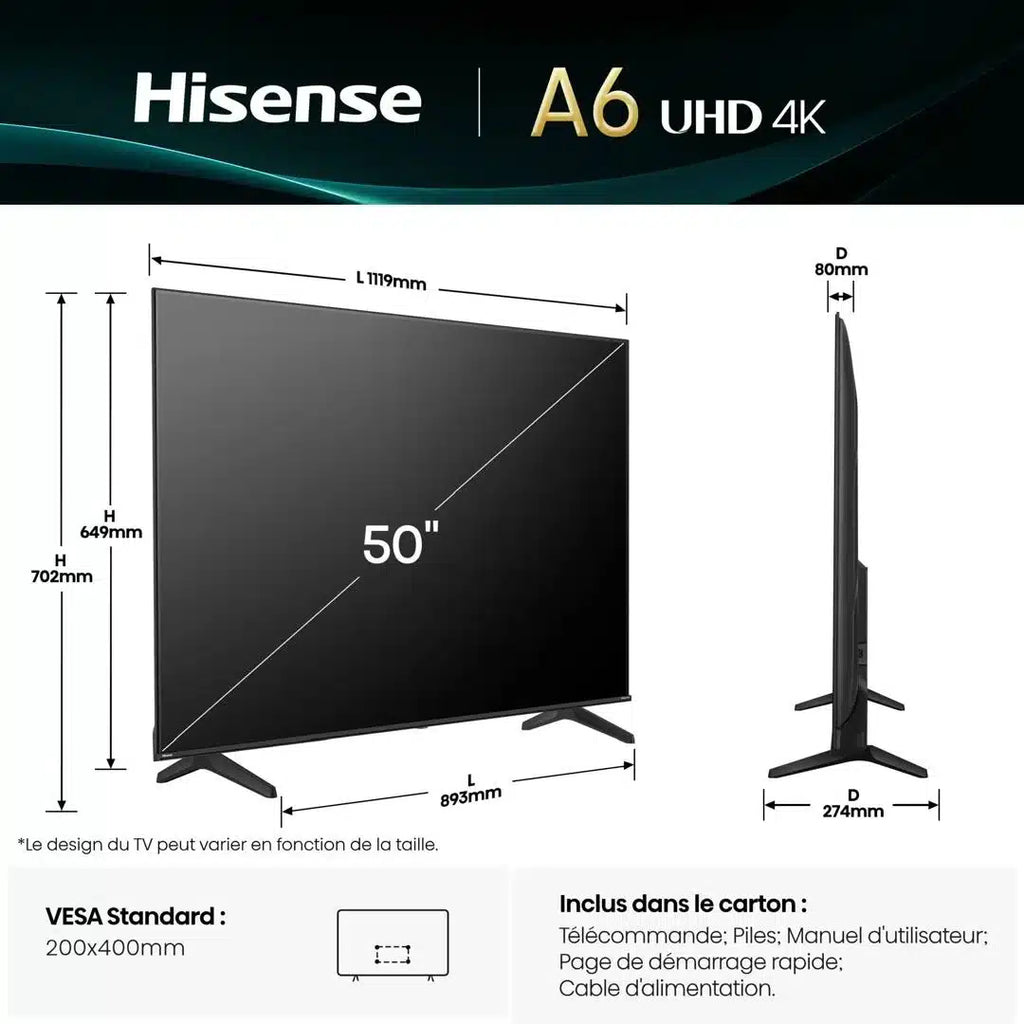 HISENSE TV 50'' CONNECTEE 4K UHD VIDAA - 50A4Q