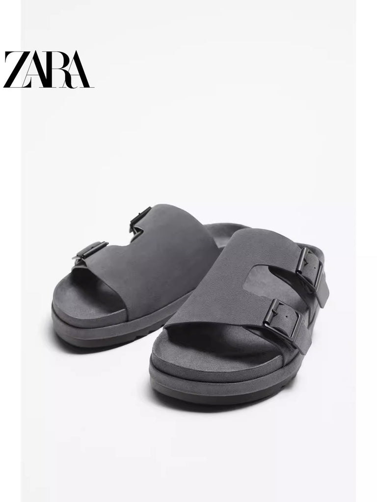 Importé - ZARA NEW - Sandales Homme A Lanières Style Pantoufles En Cuir De Daim Pu