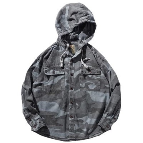 Importé - Chemise Jean Homme A Capuche Camouflage En Coton Lourd