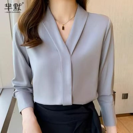 Importé - Chemisier Femme Col V A Manches Longues En Mousseline De Soie