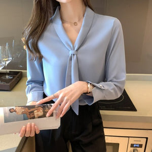 Importé - Chemise Femmes Tendance Col En V Manches Longues En Mousseline De Soie