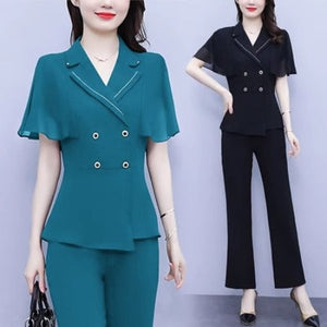 Importé - Ensemble Tailleur Femme Ample Deux Pièces  Col En Maille Manches Courtes En Soie