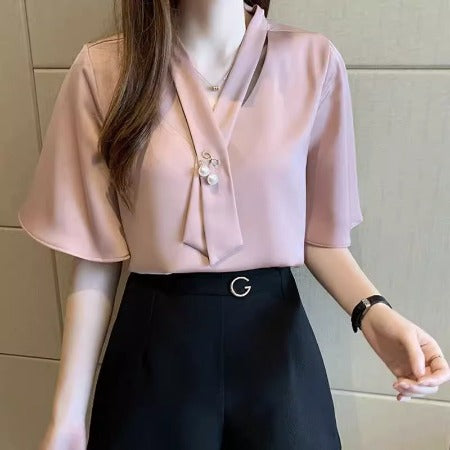 Importé - Chemise Femmes Col En  V Tendance Mi-Manches En Soie