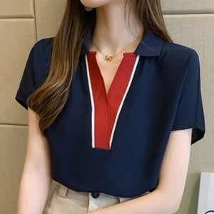 Importé - Chemisier Femmes Tendance Col POLO Manches Courtes En Soie