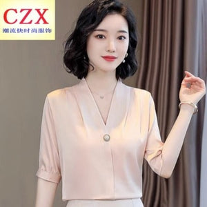 Importé - Chemisier Femmes Col En V Manches Courtes En Satin