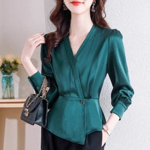 Importé - Chemisier Femmes Col En V Manches Longues En Soie