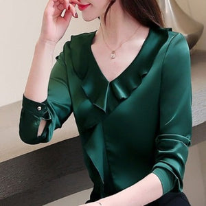 Importé - Chemisier Femmes Col En V Volant Manches Longues En Soie