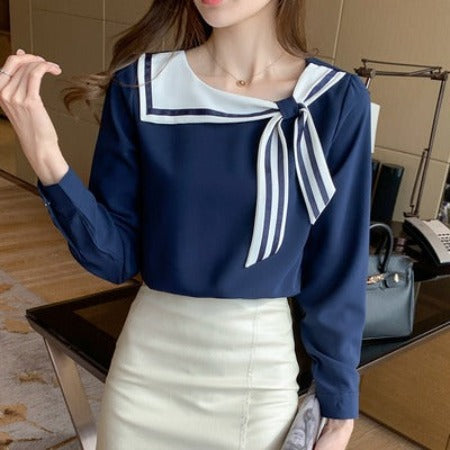 Importé - Chemise Femmes Col En Nœud A Manches Longues En Soie