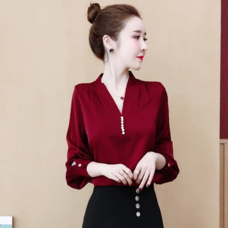 Importé - Chemise Femmes Col En V A Manches Longues En Soie
