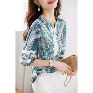 Importé - Chemiser Femmes Manches Longues Col En V En Soie