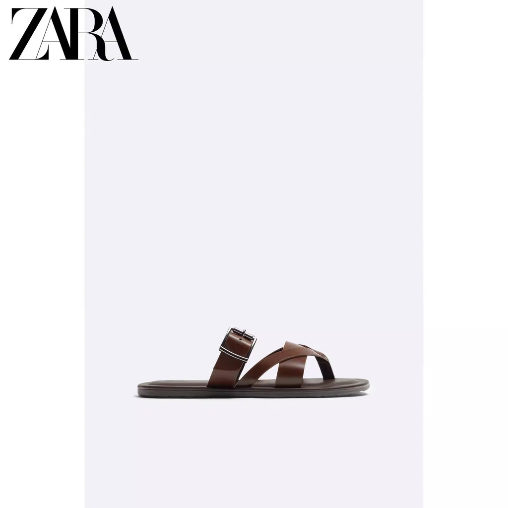 Importé - ZARA NEW - Sandales Homme A Lanières Avec Boucle En Cuir Pu - Marron