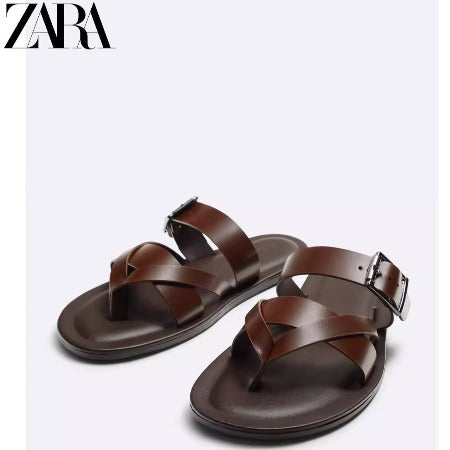 Importé - ZARA NEW - Sandales Homme A Lanières Avec Boucle En Cuir Pu - Marron