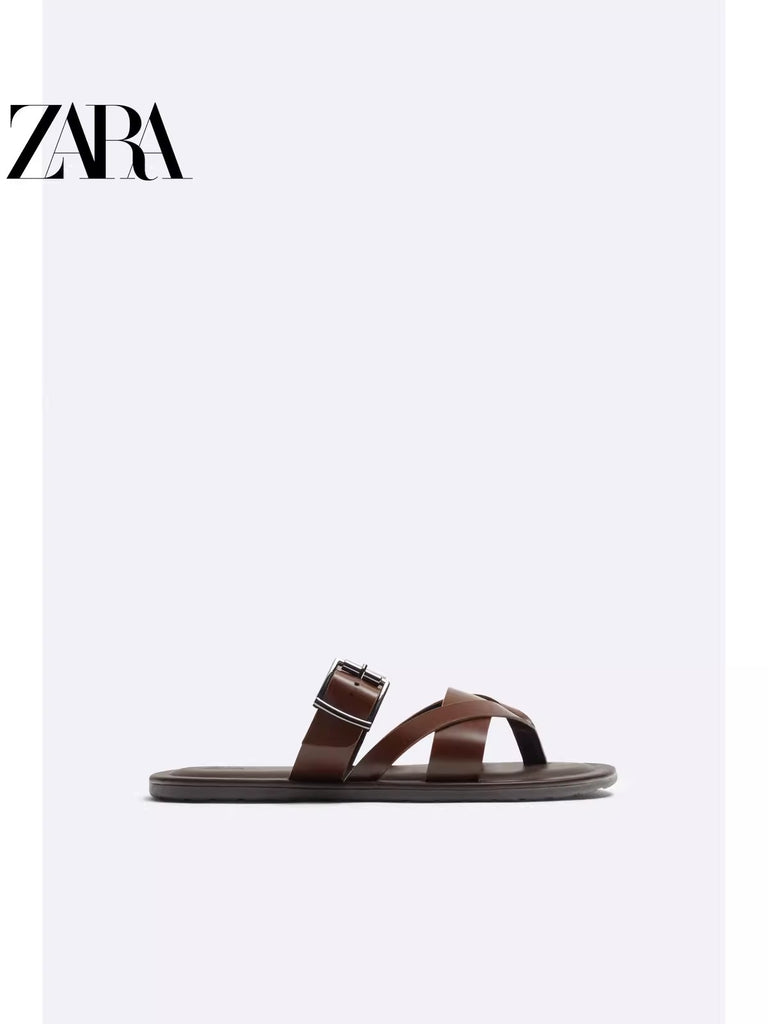 Importé - ZARA NEW - Sandales Homme A Lanières Avec Boucle En Cuir Pu - Marron