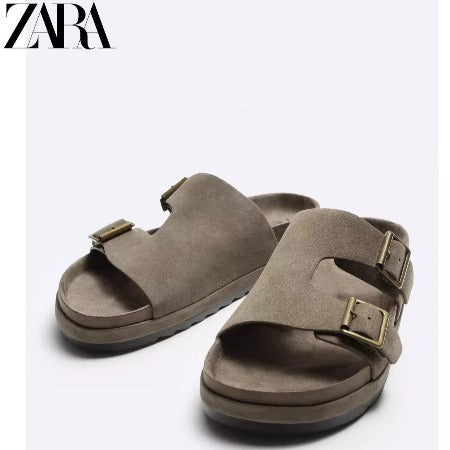 Importé - ZARA NEW - Sandales Homme Légères Style Rétro En Daim - Marron