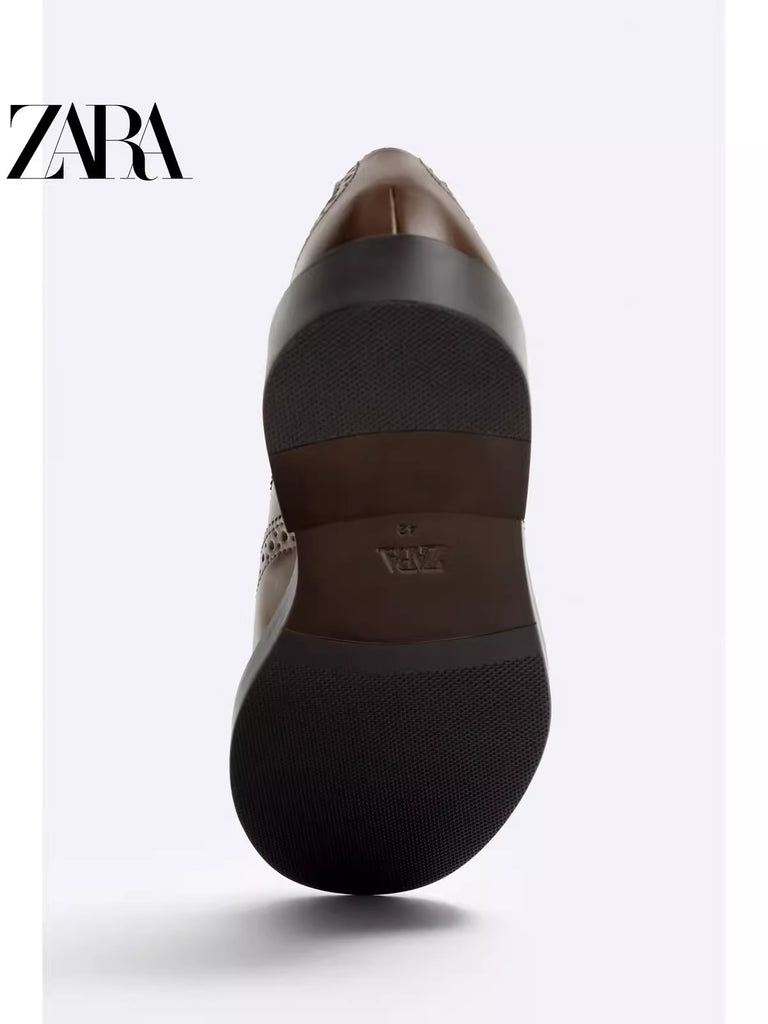 Importé - ZARA NEW - Chaussure Homme Britannique En Cuir Perforé  - Marron
