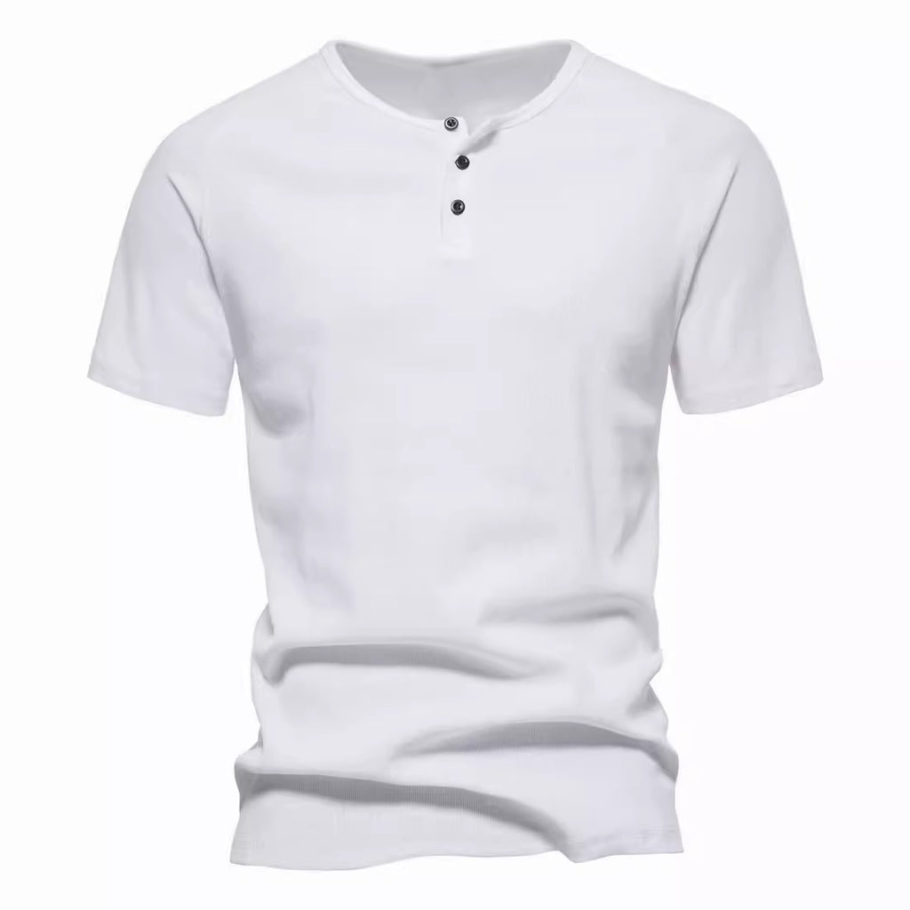 Importé - T-Shirt Homme A col Henley Tendance Manches Courtes 100% Coton