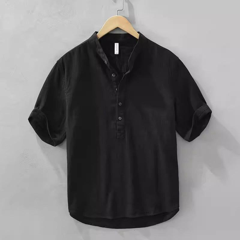 Importé - Chemise Homme Décontracté Col Mao A Manches Courtes En Lin