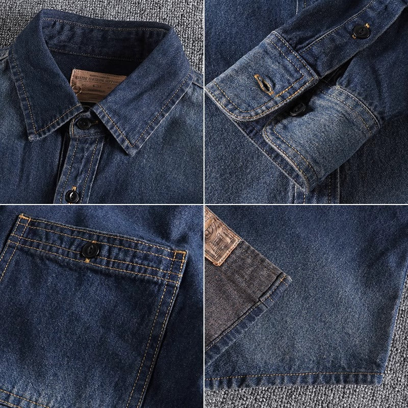 Importé - Chemise Jean Coton Homme Rétro Manches Longues