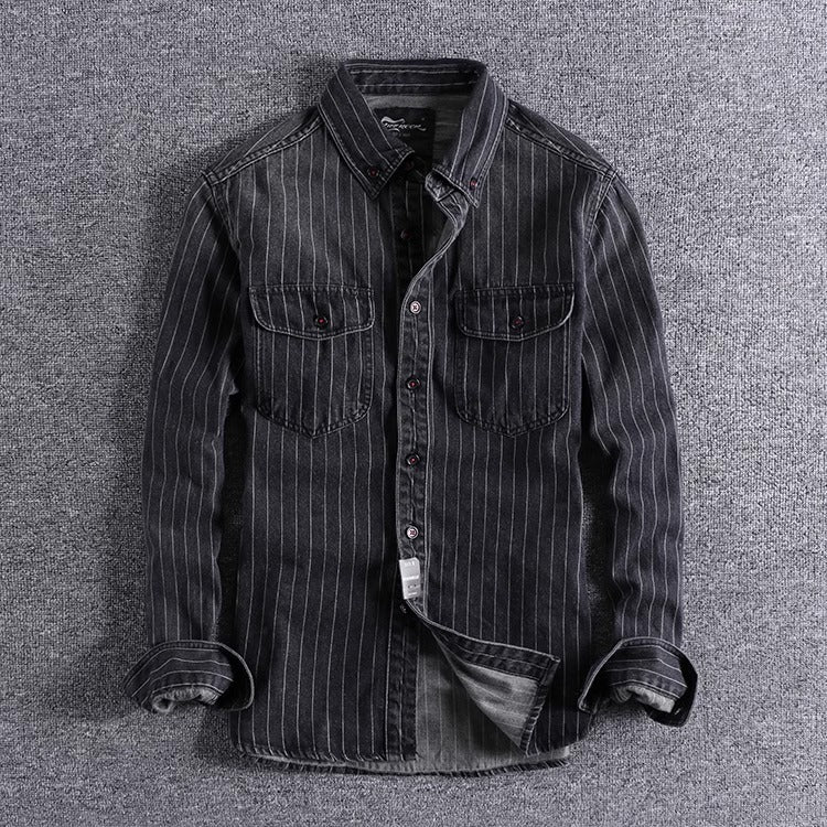 Importé - Chemise Jean Coton Homme Rayures Manches Longues