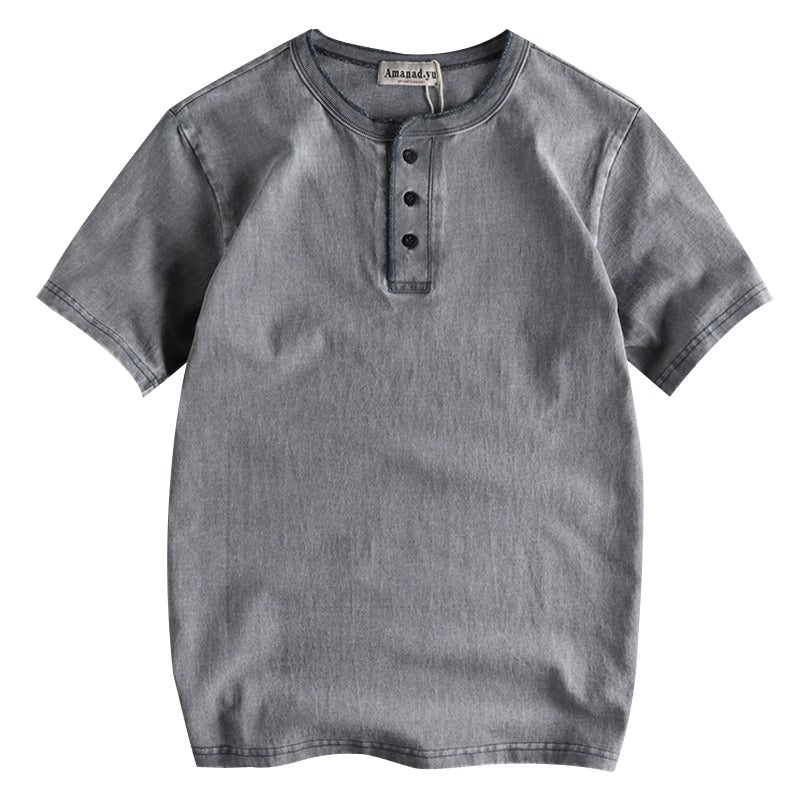 Importé - T-Shirt Homme Col  Henry Style Rétro Manches Courtes En Coton