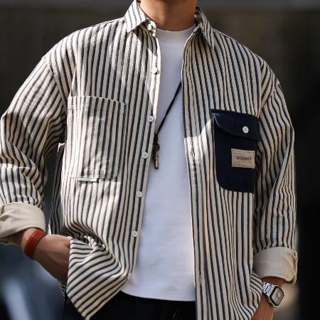 Importé - Chemise Coton Rayures Homme Manches Longues