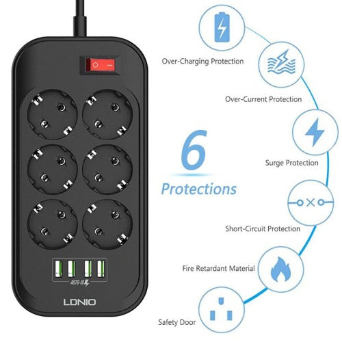 Multiprises Parasurtenseur Parafoudre Multiprotections - 6Prises + 4USB