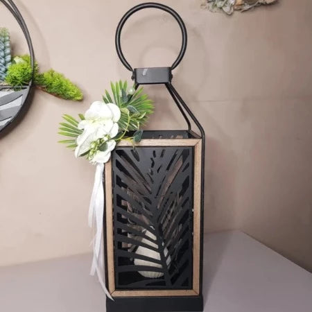LANTERNE-METAL-BOIS-AVEC PHOTOPHORE EN VERRE
