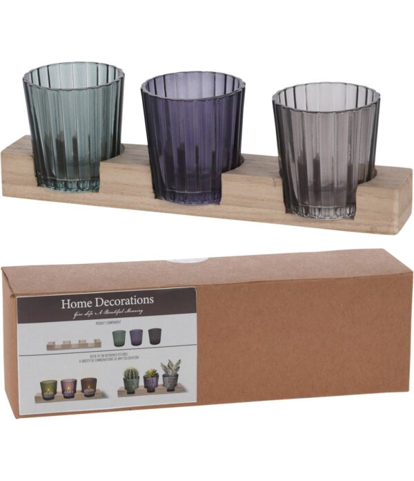 PHOTOPHORE EN VERRE-3PCS-SUR SOCLE EN BOIS