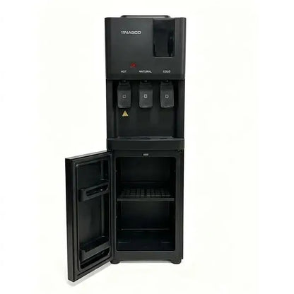 DISTRIBUTEUR D’EAU PLUS ARMOIRE DE RANGEMENT COMBINÉ NASCO - 3 ROBINETS - REFROIDISSEMENT PAR COMPRESSEUR - ÉCONOMIQUE - NOIR - KNAS-WD302BL-3V