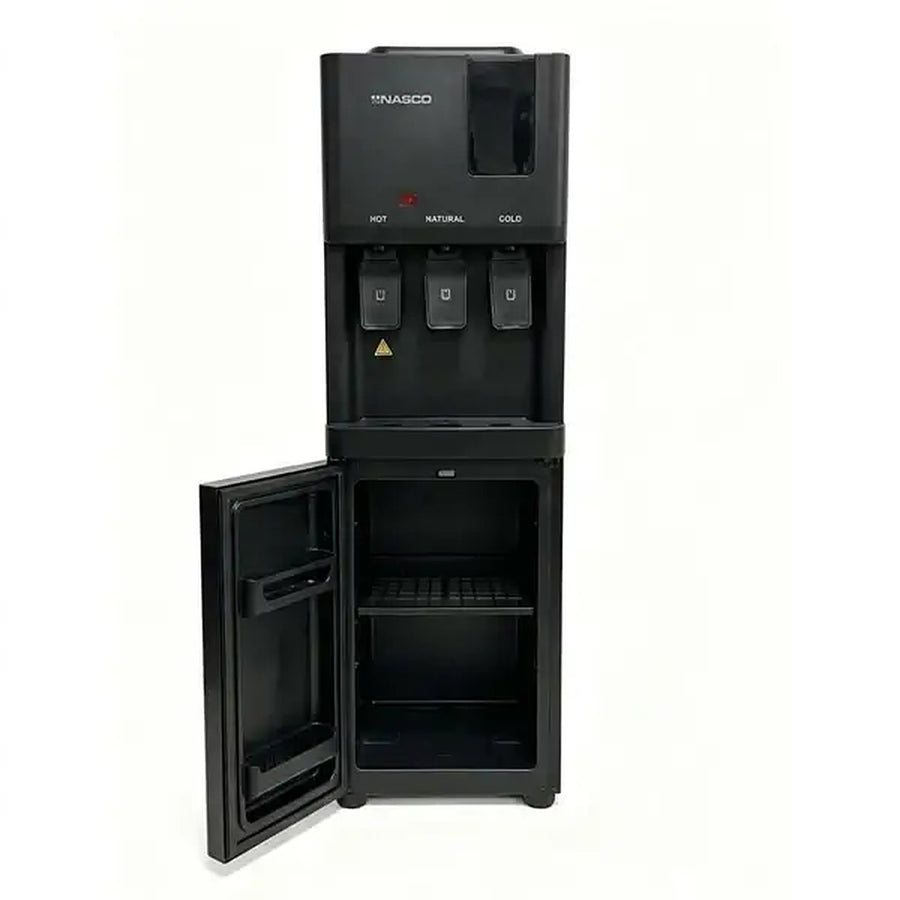 DISTRIBUTEUR D’EAU PLUS ARMOIRE DE RANGEMENT COMBINÉ NASCO - 3 ROBINETS - REFROIDISSEMENT PAR COMPRESSEUR - ÉCONOMIQUE - NOIR - KNAS-WD302BL-3V