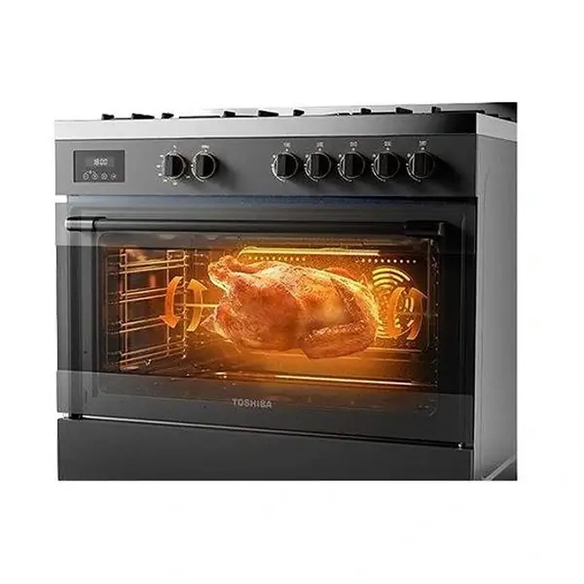GAZINIÈRE 5 FEUX TOSHIBA - 90X60CM - FOUR À GAZ VENTILÉ - CAVITÉ EASEMAX - CONTRÔLE PAR BOUTONS ROTATIFS AVEC UN MINUTEUR DIGITAL - RQ1-90MG5GE(GR)-SA