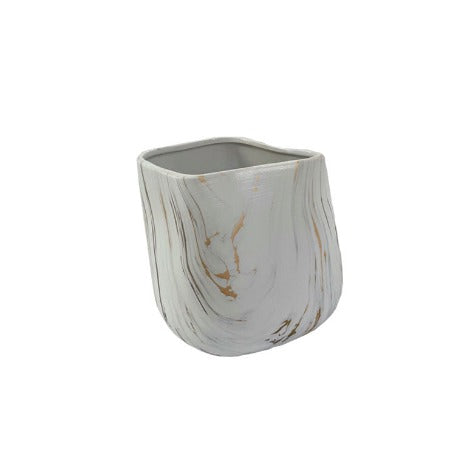 Vase en Ceramique Ovale-21×16,5cm-Effet Marbre-Blanc Motif Dore