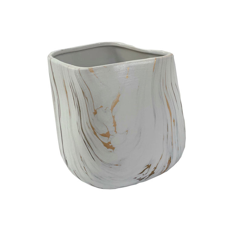 Vase en Ceramique Ovale-21×16,5cm-Effet Marbre-Blanc Motif Dore