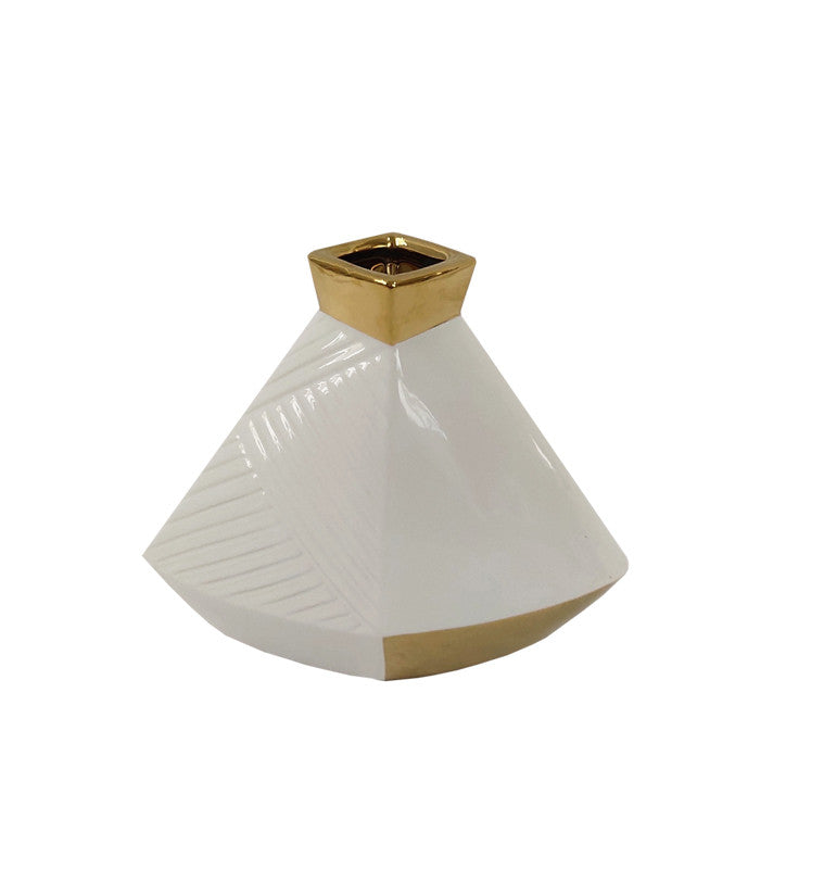 Vase en Ceramique Losange-27x13cm-Blanc-Dore