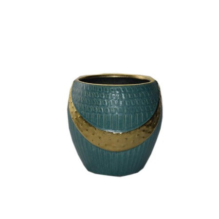 Vase en Ceramique-19x18x17cm-Bleu Deco Bande Doree
