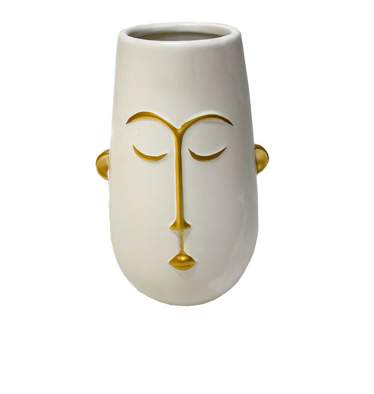 Vase Motif Visage Bouddha-16x15x24cm-Blanc-Dore