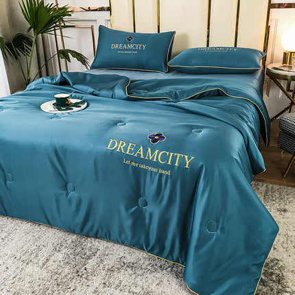 Importé - Ensemble Couette + Drap de Lit + 2 Taie En Soie Brodée 4 Pièces