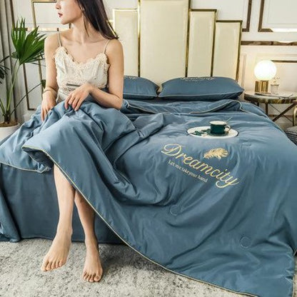 Importé - Ensemble Couette + Drap de Lit + 2 Taie En Soie Brodée 4 Pièces