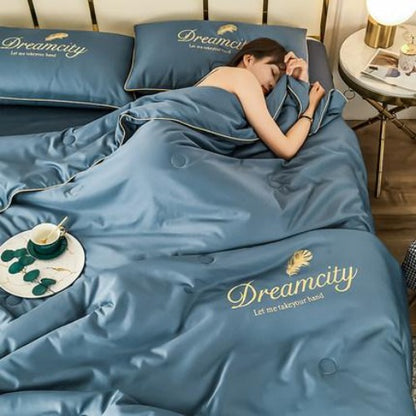 Importé - Ensemble Couette + Drap de Lit + 2 Taie En Soie Brodée 4 Pièces