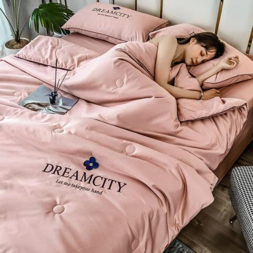 Importé - Ensemble Couette + Drap de Lit + 2 Taie En Soie Brodée 4 Pièces