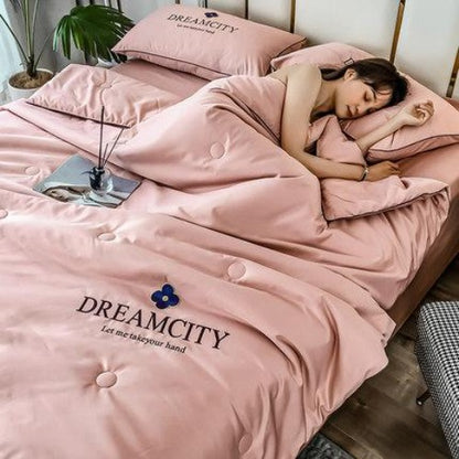 Importé - Ensemble Couette + Drap de Lit + 2 Taie En Soie Brodée 4 Pièces