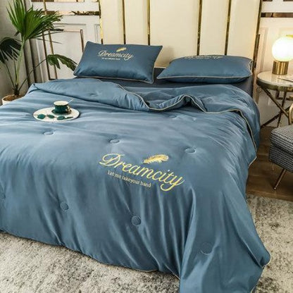 Importé - Ensemble Couette + Drap de Lit + 2 Taie En Soie Brodée 4 Pièces