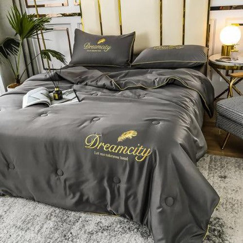 Importé - Ensemble Couette + Drap de Lit + 2 Taie En Soie Brodée 4 Pièces