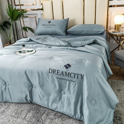 Importé - Ensemble Couette + Drap de Lit + 2 Taie En Soie Brodée 4 Pièces