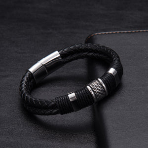 Importé - Bracelets Fashion 100% Cuir Tissés et Anneaux en Acier pour Hommes