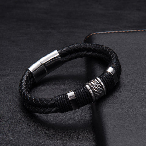 Importé - Bracelets Fashion 100% Cuir Tissés et Anneaux en Acier pour Hommes