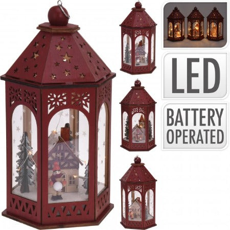 NOEL LANTERNE EN BOIS AVEC SCENE DE NOEL-10 LED