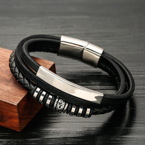Importé - Bracelets Fashion 100% Cuir Tissés et Anneau Acier pour Hommes