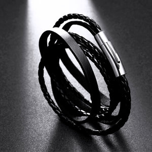 Importé - Bracelets Fashion 100% Cuir Tissés et Anneau Acier pour Hommes