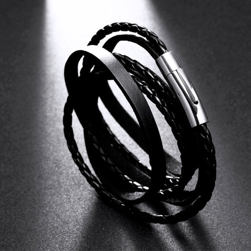 Importé - Bracelets Fashion 100% Cuir Tissés et Anneau Acier pour Hommes